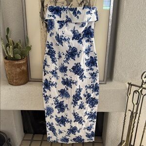 Floral Blue and White Strapless Dress